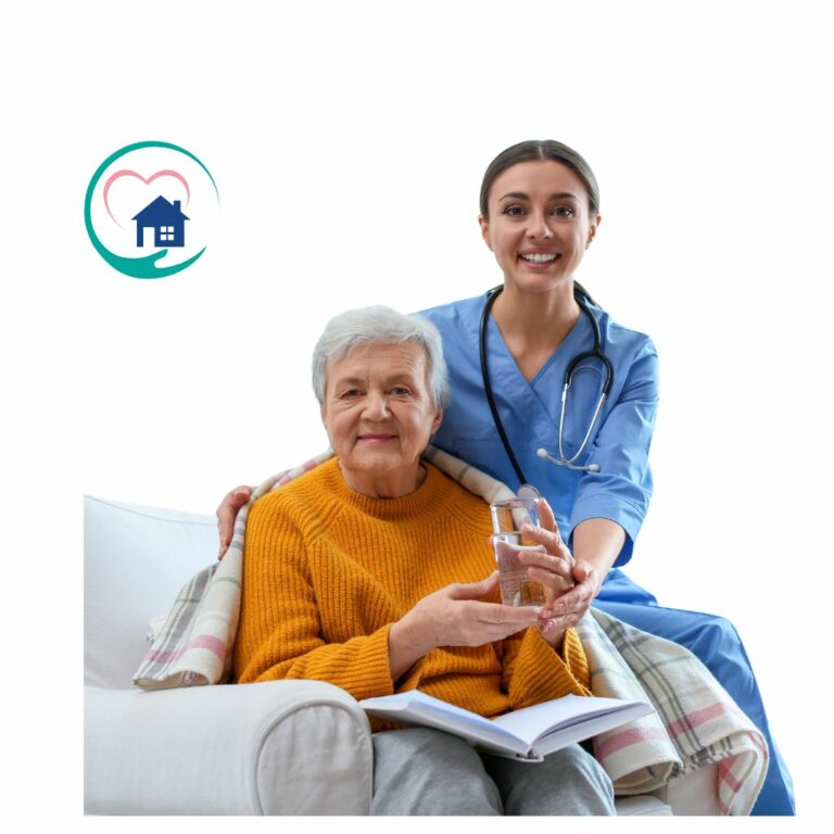 Full indoor shot of a caregiver assisting an elderly woman.